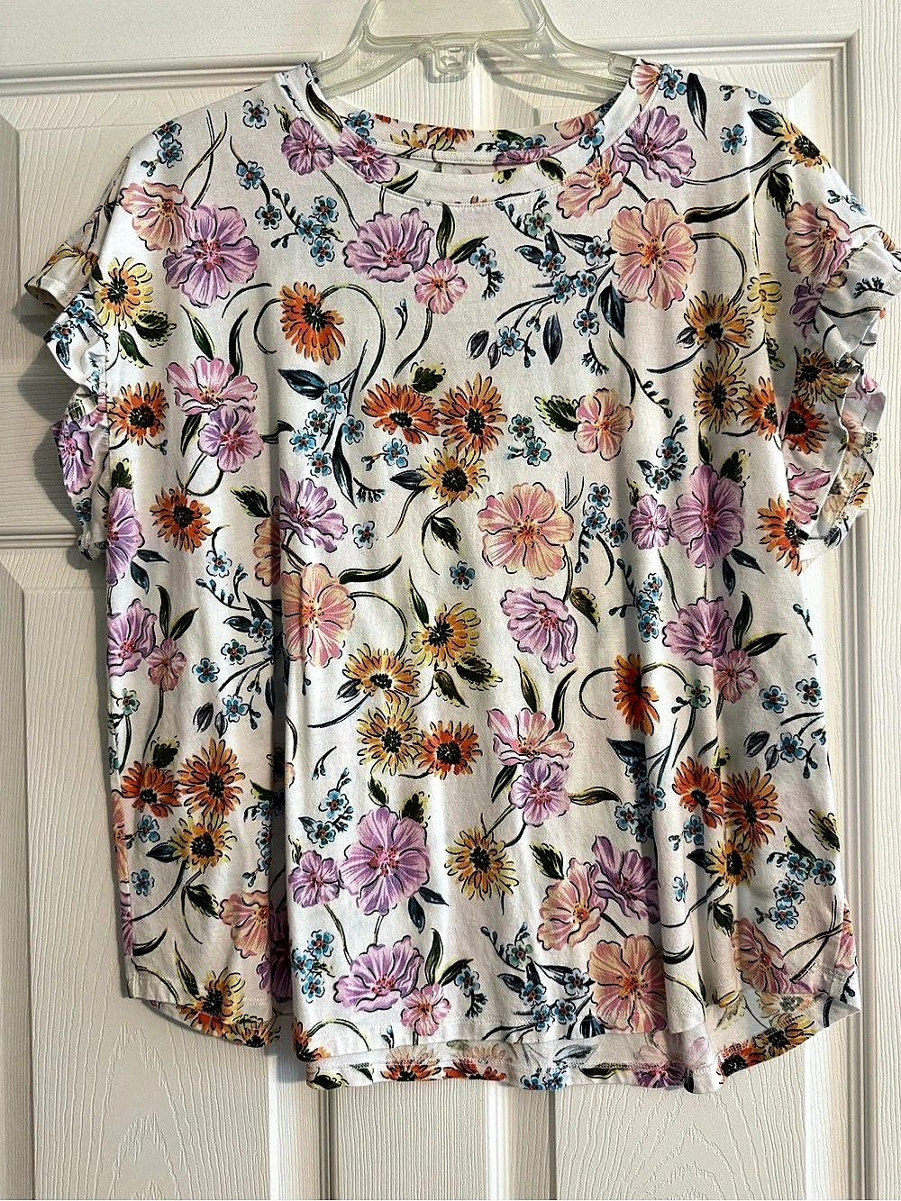 Crown & Ivy Floral Short Sleeve Top White & Pink XL Like New
